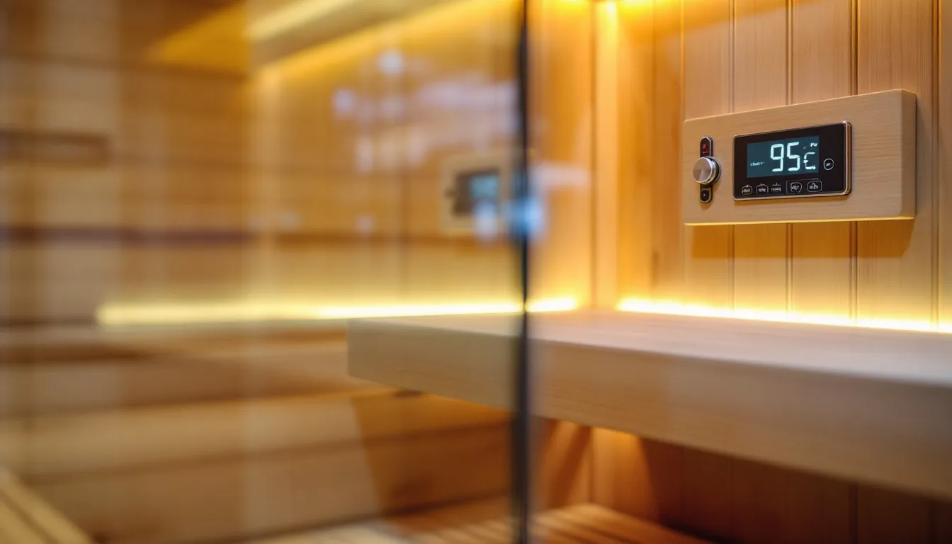 The image illustrates a person adjusting the temperature settings on a sauna, emphasizing the importance of choosing the right heat exposure for optimal muscle recovery and growth. The scene highlights how proper sauna bathing can enhance blood flow, promote muscle hypertrophy, and aid in the recovery process after resistance exercise.