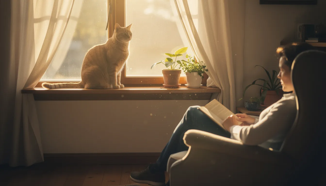 A cat is comfortably perched on a sunlit windowsill, enjoying the warmth of the afternoon light, while a person reads nearby, creating a cozy atmosphere that fosters a strong bond and mutual respect between them. This scene captures a wonderful way to show pet love by simply spending quality time together.