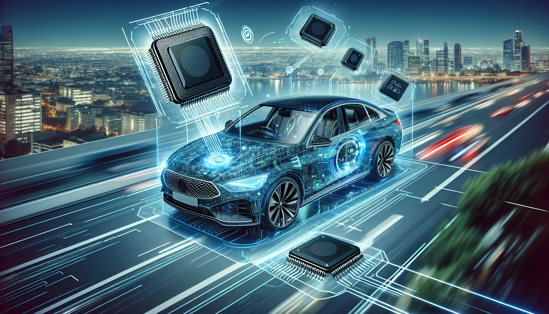 Illustration of semiconductor chips enabling airbag deployment in cars