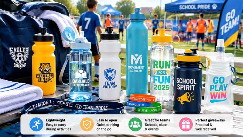 School and sports event water bottles with easy-open lids for teams, clubs, and active giveaways