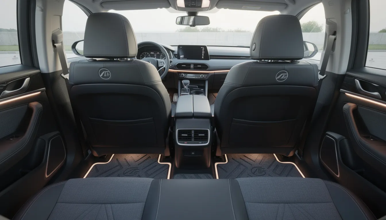 The image features a clean car interior showcasing custom seat covers, vibrant LED ambient lighting, and matching floor mats, all designed to personalize and transform the vehicle's look. The striking mix of colors and designs creates a fun and inviting atmosphere, perfect for any car enthusiast.