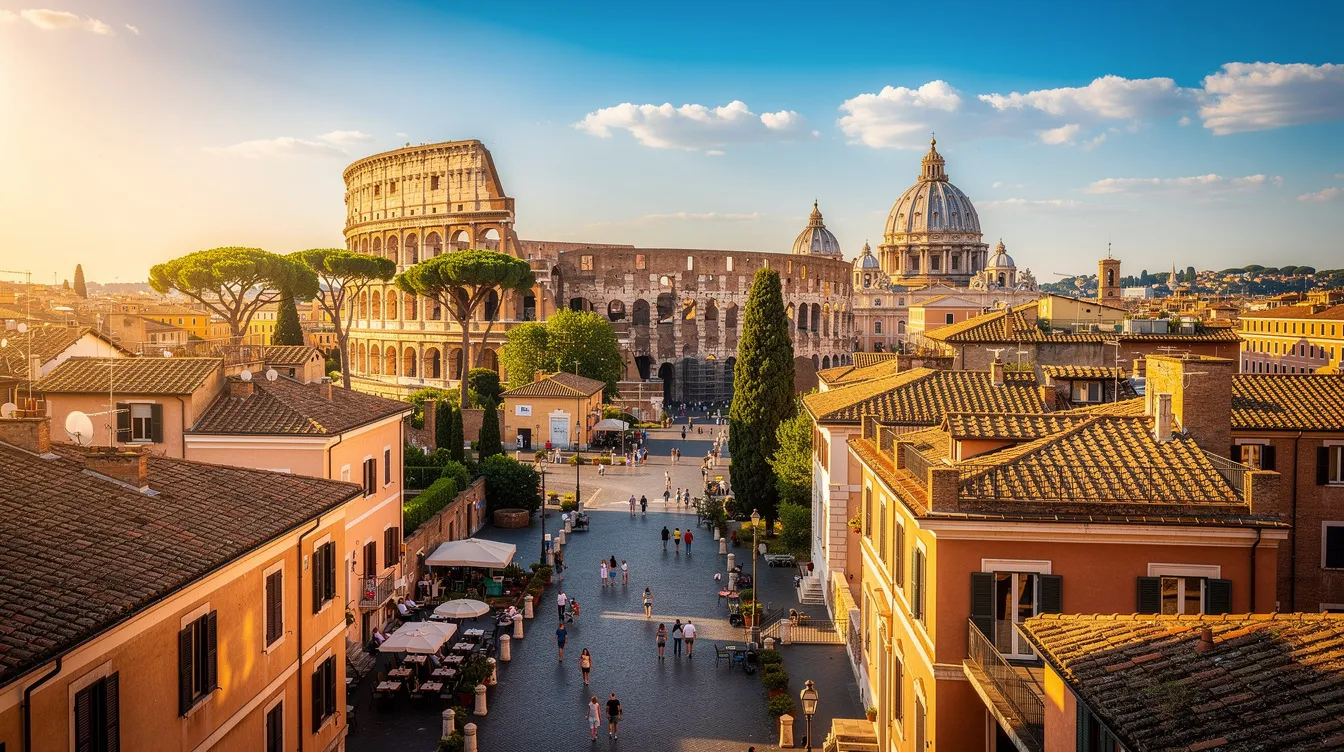 Uma vista deslumbrante de Roma, Itália, durante o verão, com seus famosos monumentos históricos e ruas vibrantes, onde a cultura e a história se encontram em cada esquina. A cidade é um destino turístico repleto de vida, com pessoas desfrutando de passeios e explorando suas atrações icônicas.