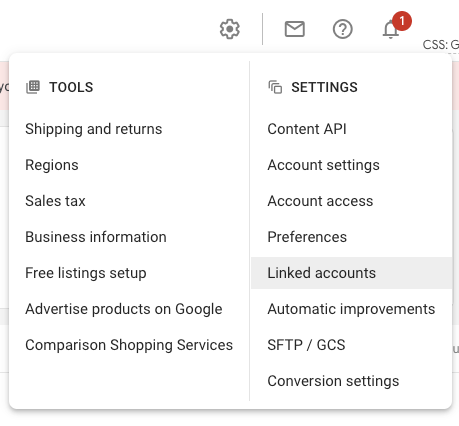 Settings menu for Google Merchant Center