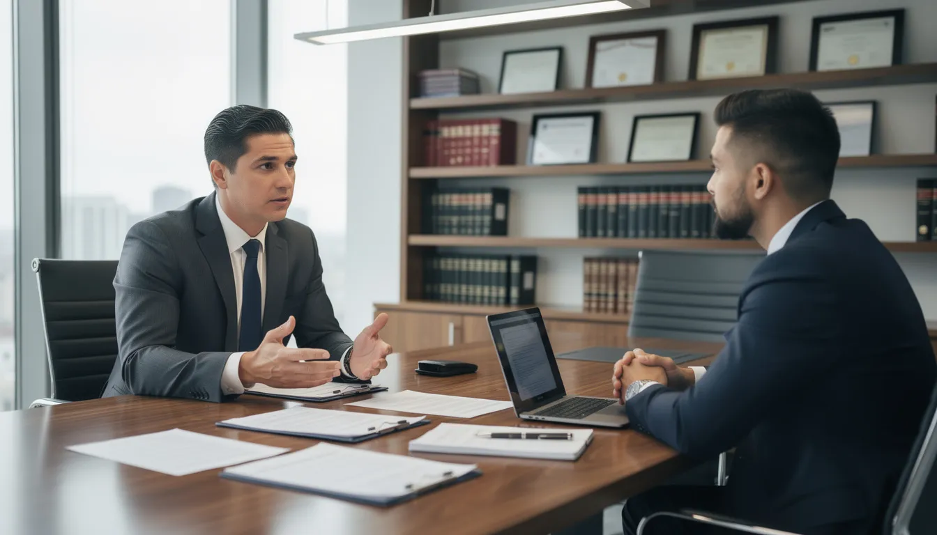 The image shows a professional attorney sitting across from a client in a law office conference room, discussing legal matters related to a delivery truck accident claim. The attorney appears experienced and attentive, emphasizing the importance of navigating the complexities of truck accident cases and recovering compensation for victims.