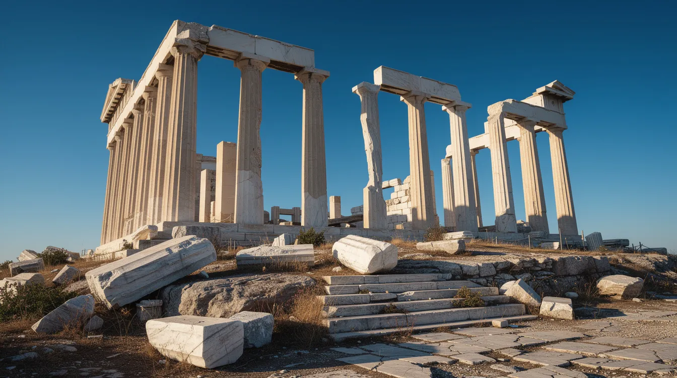 Die Abbildung zeigt eine antike griechische Tempelruine mit hohen Marmorsäulen, die majestätisch vor einem strahlend blauen Himmel emporragen. Diese Ruine ist ein eindrucksvolles Beispiel für die Architektur der Antike und vermittelt einen Eindruck von der Kunstgeschichte und den Stilrichtungen dieser Epoche.