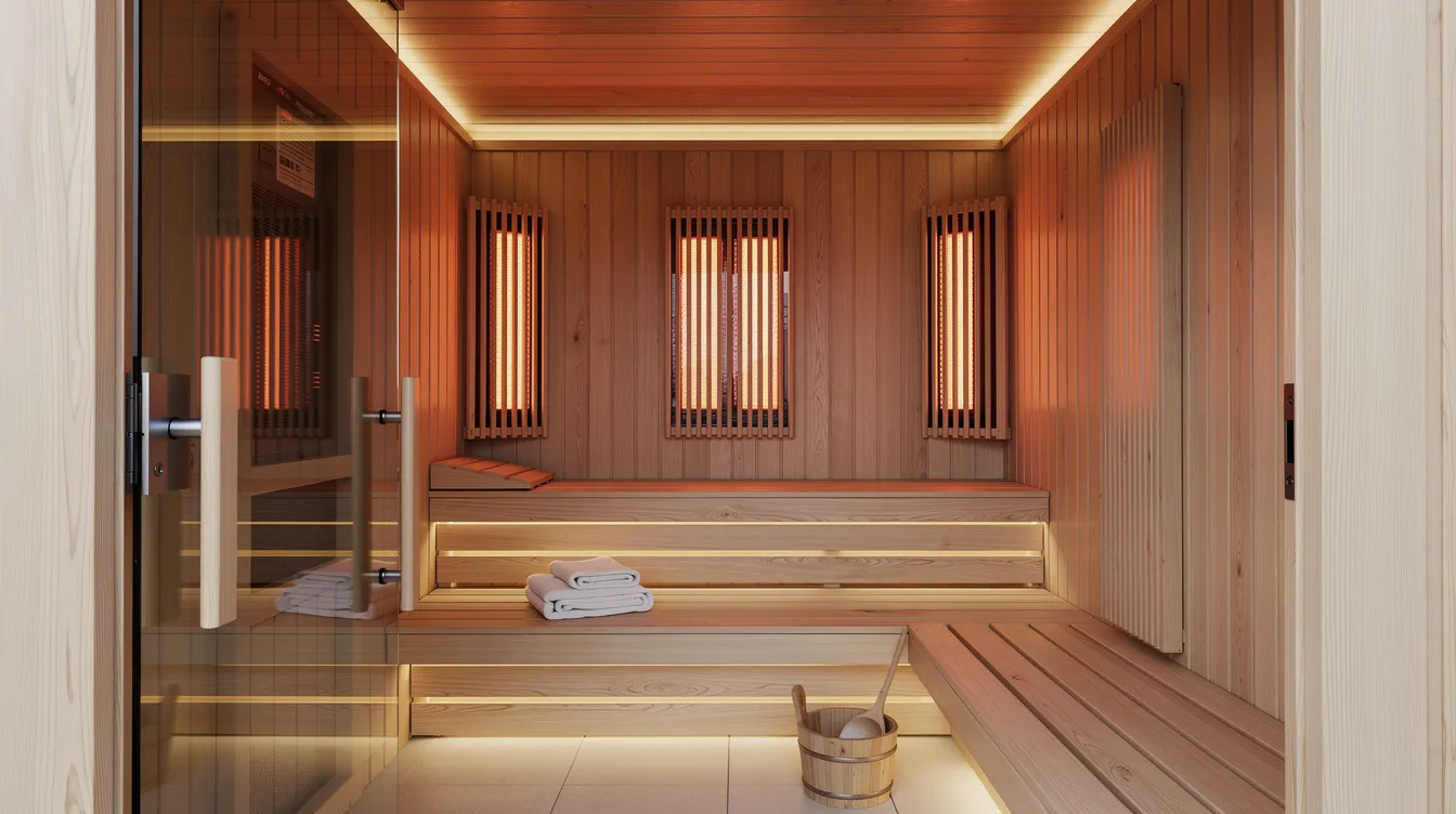The image depicts a modern infrared sauna cabin featuring warm ambient lighting and wooden benches, designed for relaxation and muscle relief. This sauna utilizes advanced heating technology, offering even heat distribution and a comfortable environment for stress reduction.