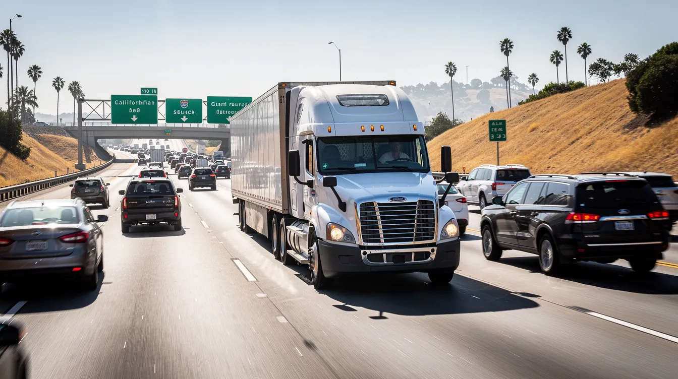 A large semi-truck navigates a busy California freeway, surrounded by various vehicles in traffic. This scene highlights the presence of commercial trucks on the road, emphasizing the importance of safety and the potential for truck accident claims in the event of collisions.
