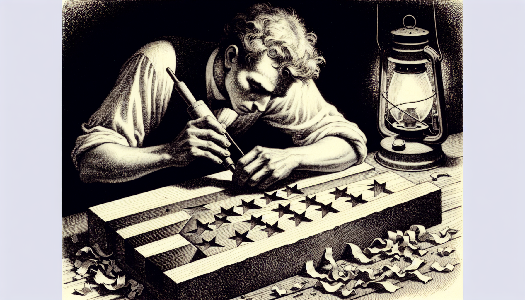 Carving stars into the union section of the wooden American flag