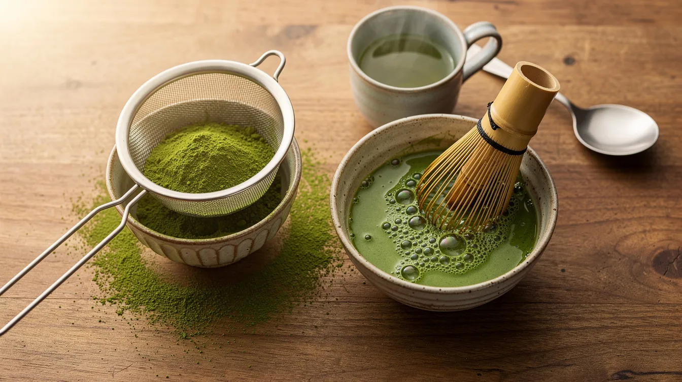 In der Bildszene sieht man die Zubereitung von Matcha-Tee für ein Dessertrezept, mit leuchtend grünem Matcha-Pulver, das durch ein feines Sieb in eine kleine Schüssel gesiebt wird. Neben der Schüssel steht ein Bambusbesen, der den Matcha mit heißem Wasser zu einer glatten, grünen Paste verrührt, während auf dem Holztisch eine Tasse heißes Wasser und ein Löffel bereitliegen, alles in natürlichem Licht und mit einem authentischen Küchenambiente.