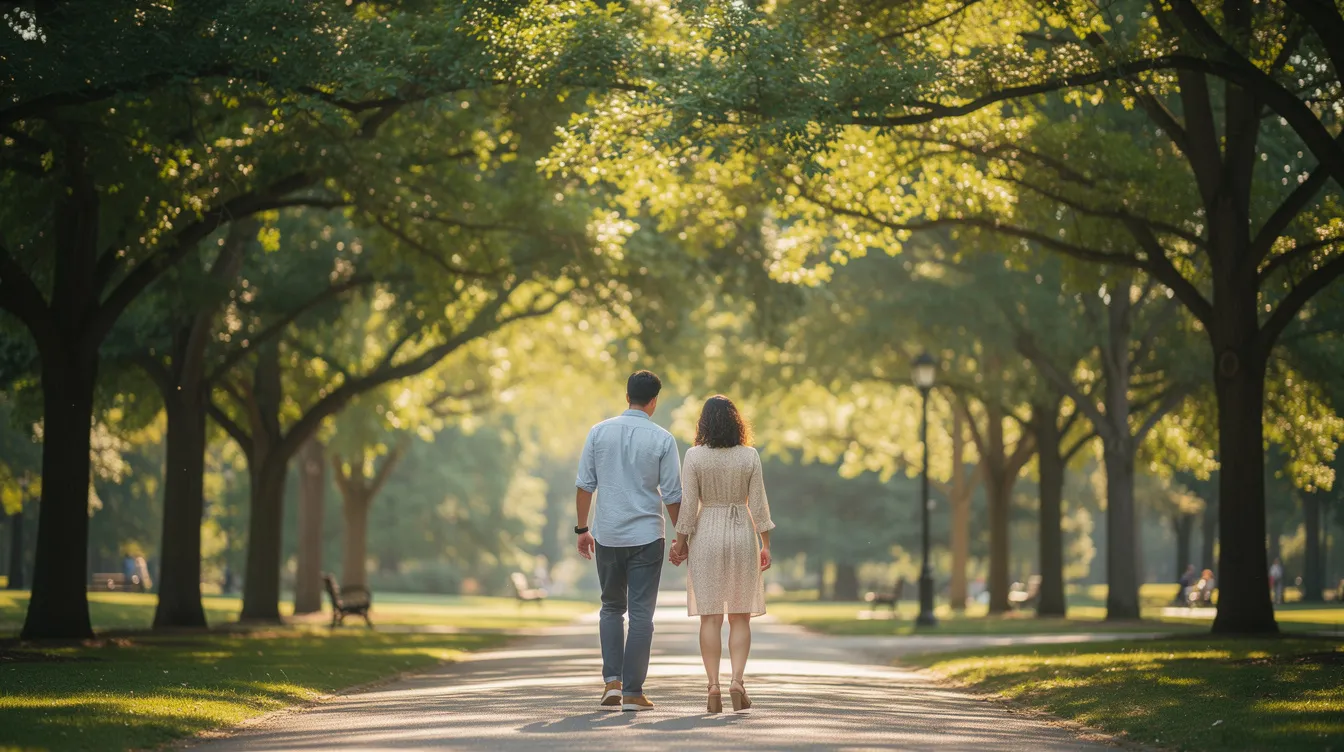 A couple walks hand in hand along a sunlit park path, surrounded by trees, embodying a healthy relationship filled with affection and connection. Their joyful demeanor reflects the importance of communication and support in maintaining a meaningful romantic relationship.