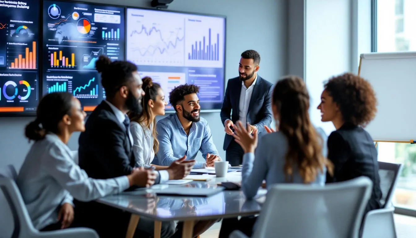 In the image, a diverse group of sales leaders and sales reps are engaged in an animated discussion, emphasizing the importance of teamwork and communication in closing deals. The background features charts and graphs that represent successful sales strategies and the focus on building strong relationships with clients in a competitive marketplace.