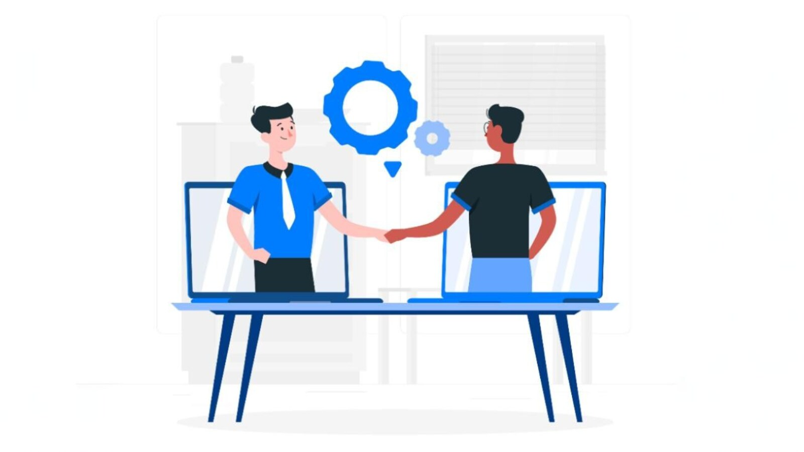 Two men shake hands from laptop screens, illustrating virtual collaboration through UCaaS platforms.
