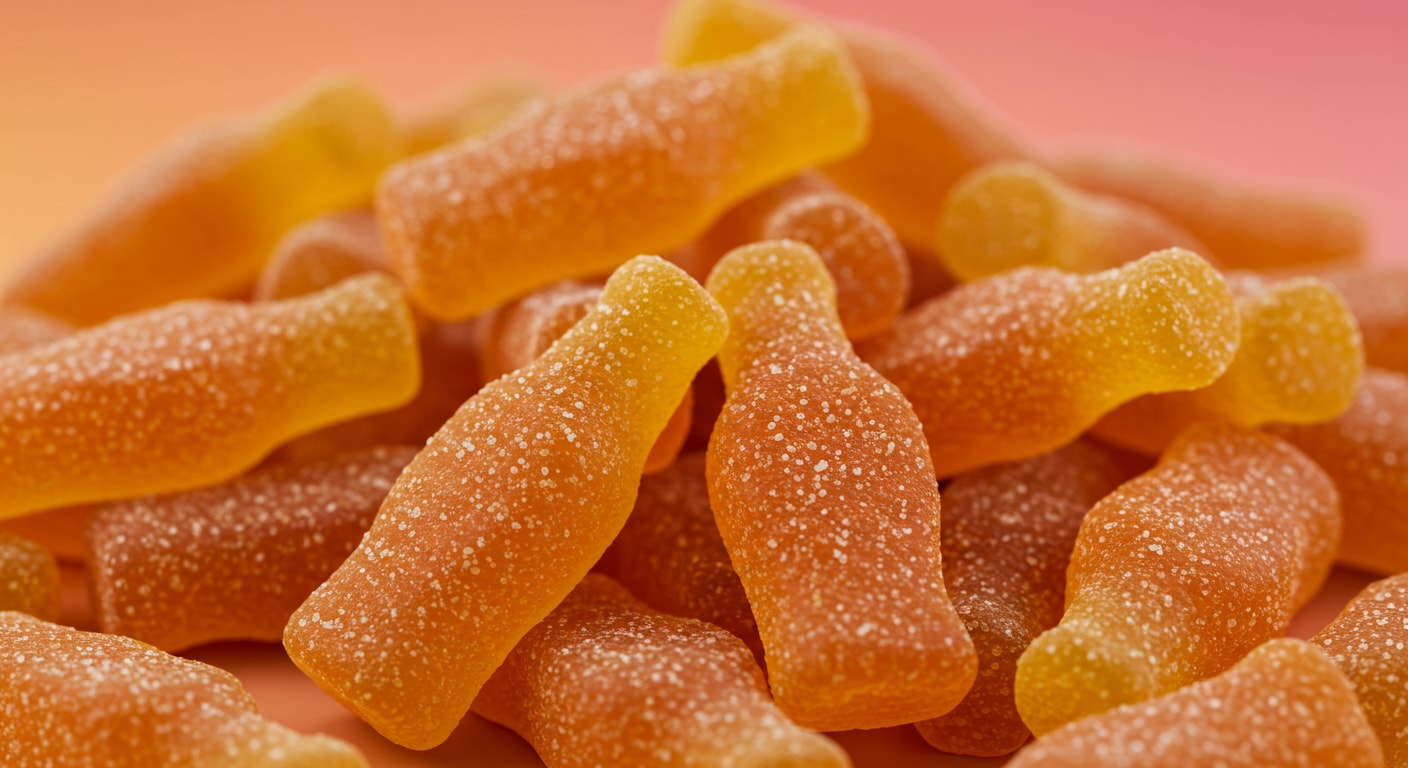 A pile of sour mango cola bottle gummies
