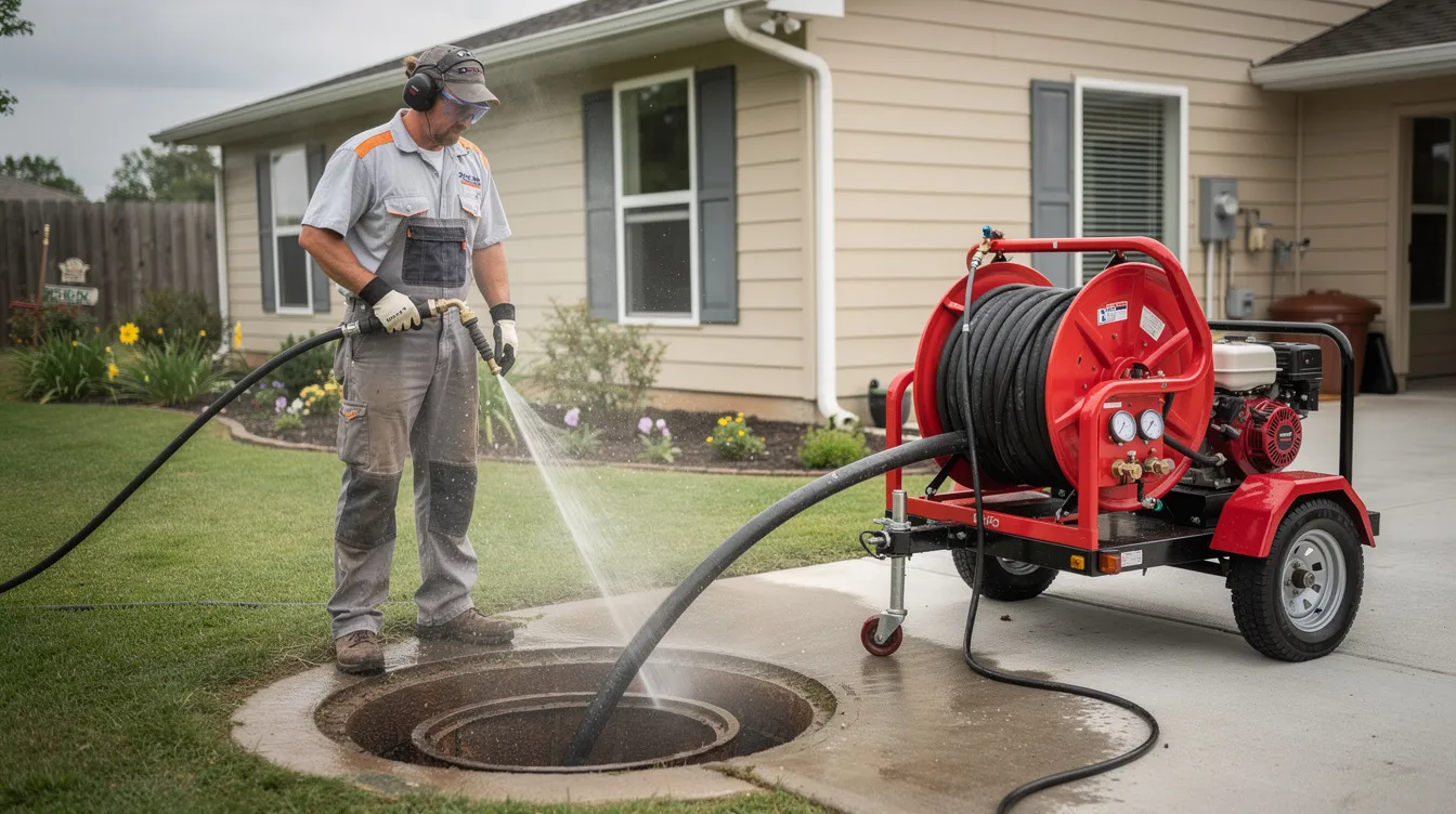 A professional plumber is using high-pressure water jetting equipment to clear a clogged sewer drain line in a residential setting, showcasing an effective plumbing repair service. The tools and techniques employed highlight the expertise needed to address plumbing problems and maintain the home's plumbing system.