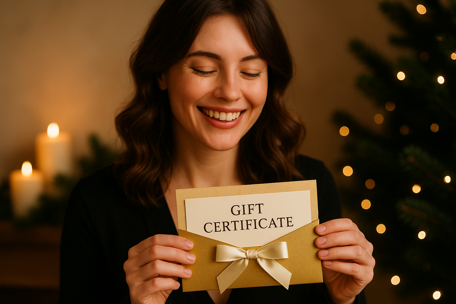 Laiminga moteris laiko dovanų kuponą prabangioje pakuotėje.