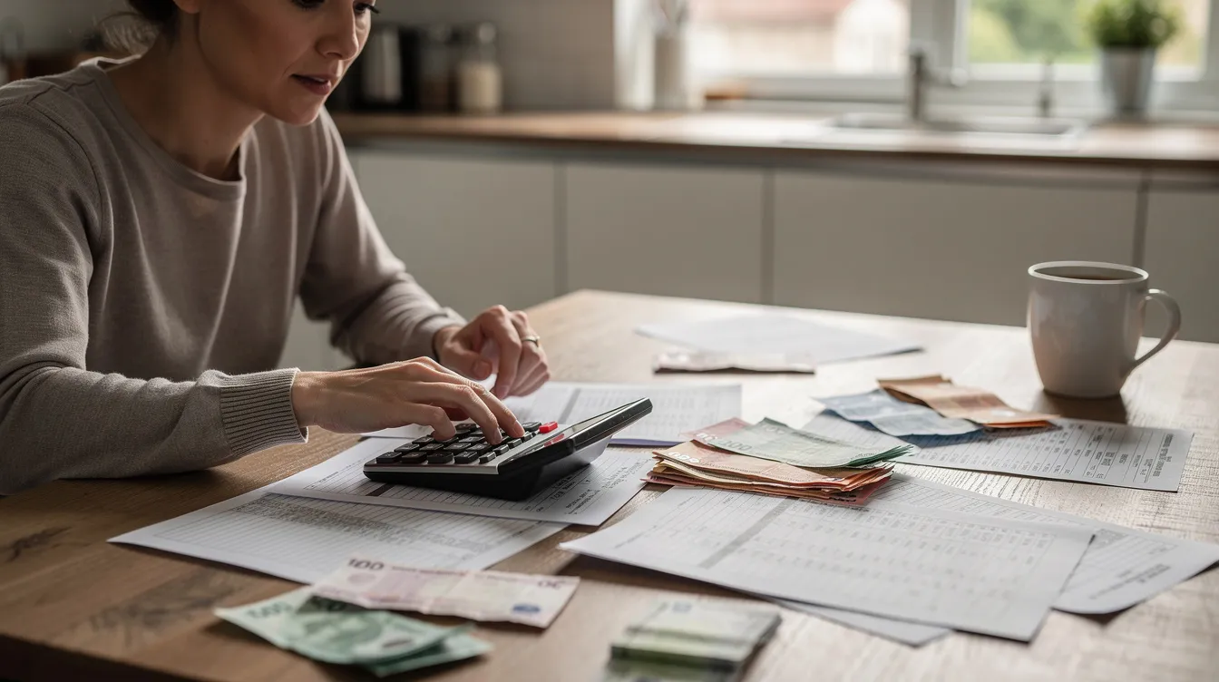 The image shows a person sitting at a kitchen table, using a calculator while reviewing various financial documents, likely assessing their 清 數 and planning for upcoming 邊間 好 decisions. The scene conveys a sense of focus and organization as they manage their 財務 狀況 and consider options for 清 數 貸款 and 還款 計劃.