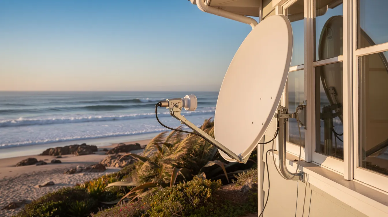 A satellite dish is securely mounted on a coastal property, overlooking stunning ocean views, showcasing the potential for uninterrupted entertainment with reliable DSTV installation services. This setup highlights the importance of professional DSTV installers for optimal signal reception in scenic locations like Bakoven.