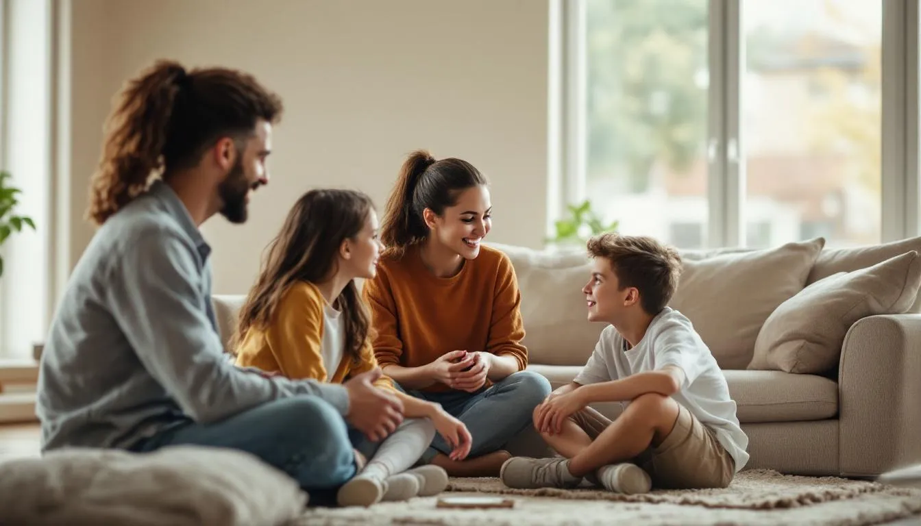 In a clean living room, family members engage in a supportive conversation, discussing the challenges of a hoarding situation and the importance of hoarding cleanup services. The atmosphere reflects hope and understanding as they navigate sensitive situations together.