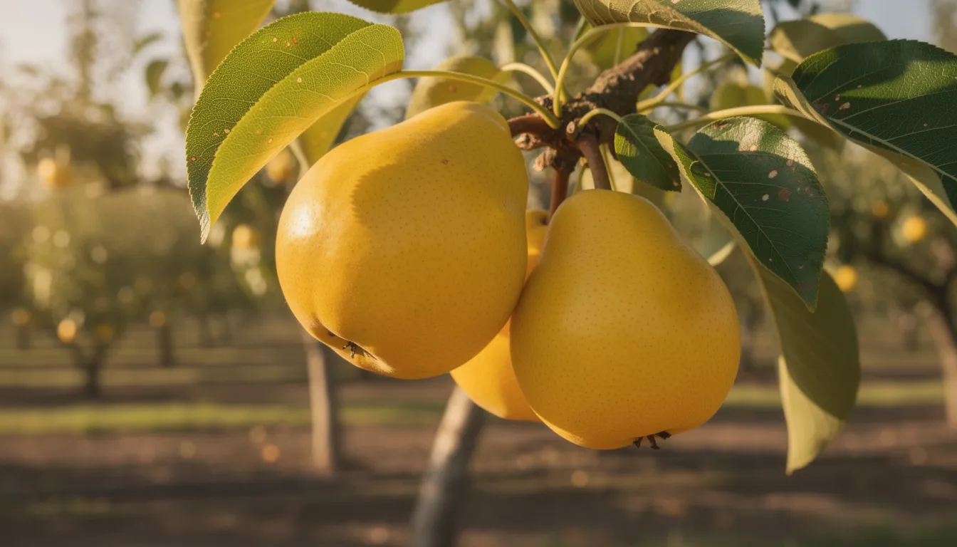 Na gałęzi w słonecznym sadzie wiszą dojrzałe, żółto-złote owoce gruszy azjatyckiej, które kuszą swoim słodkim smakiem i aromatem. Te duże owoce, charakteryzujące się chrupiącym miąższem, są oznaką obfitego plonowania drzew owocowych w okresie owocowania.