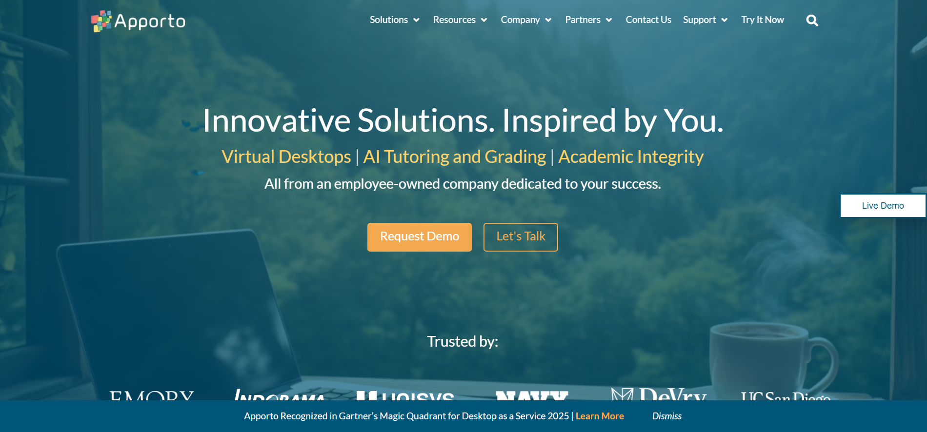Homepage banner of Apporto website showcasing virtual desktops, AI tutoring, and academic integrity solutions with call-to-action buttons for demo and contact.