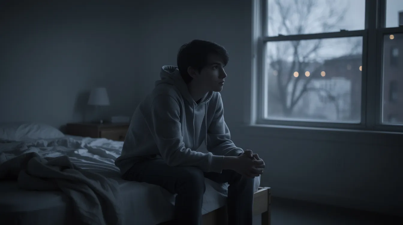 A teenager sits alone on a bed in a dimly lit room, gazing pensively out a window, reflecting feelings of emotional pain and distress. This image captures the isolation often felt during a mental health crisis, highlighting the importance of seeking professional help and support for self harm behaviors.