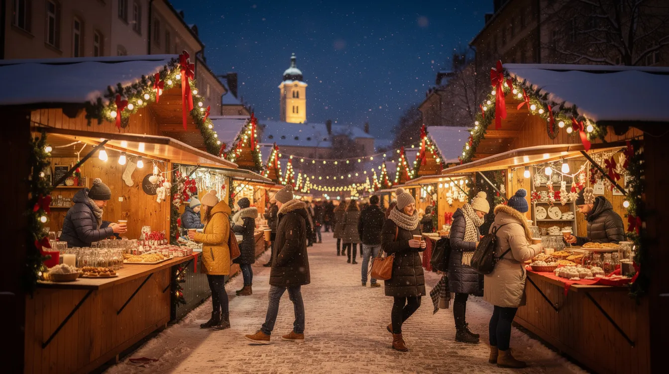 The image depicts a European Christmas market at night, where wooden stalls are illuminated by warm lights, and visitors stroll through snowy lanes, creating a festive and inviting atmosphere. This scene captures the essence of holiday cheer and community spirit during the winter season.