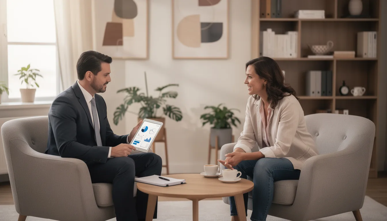 A financial advisor is meeting with a client in a comfortable office setting, discussing various retirement plans and investment options to help secure a stable retirement income. The atmosphere is professional yet relaxed, emphasizing the importance of retirement savings and the benefits of individual retirement accounts.