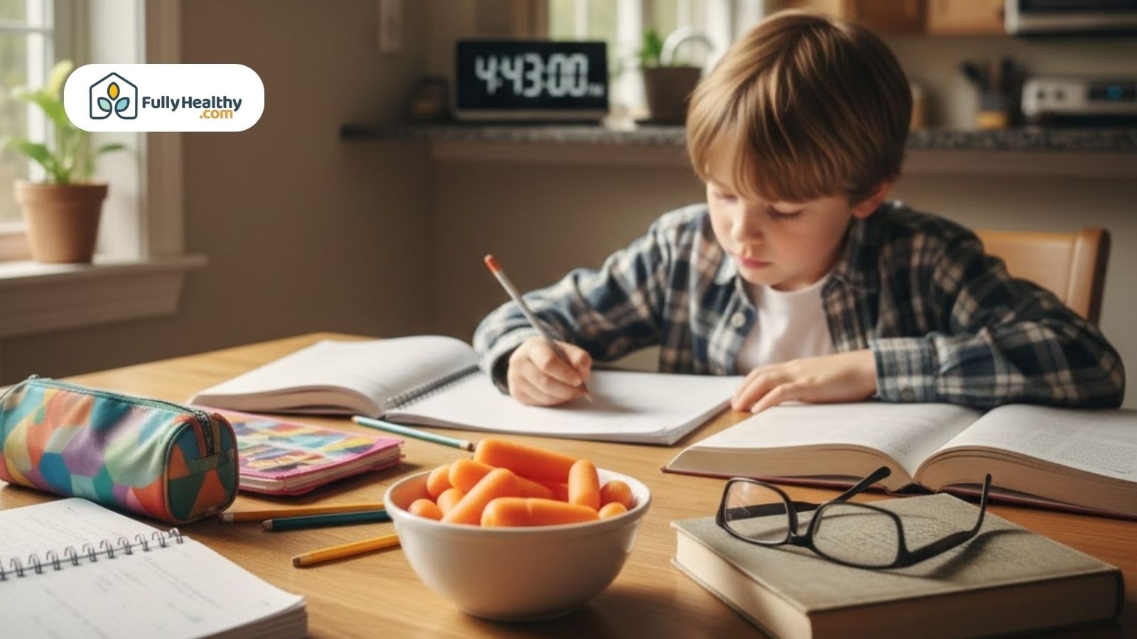 Child studying at a table with a bowl of carrots and eyeglasses.