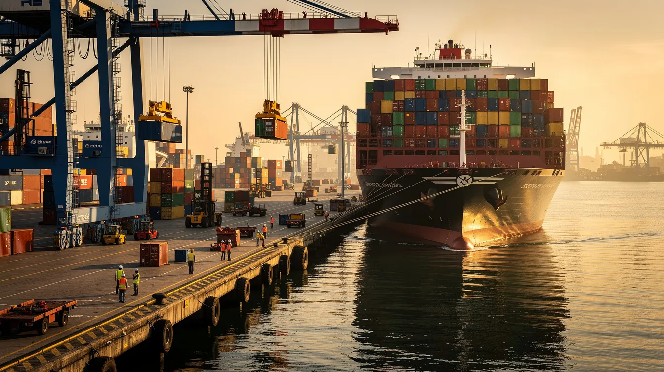 The image shows a busy port where cargo containers are being loaded onto a large freight ship, with cranes and workers actively engaged in the process. This scene reflects the logistics involved in shipping, which can be enhanced by services like precision CNC machining for creating custom parts used in shipping containers and machinery.