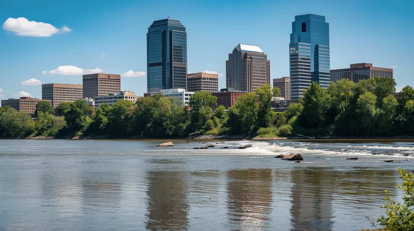 The image depicts the Richmond, Virginia city skyline with modern buildings rising against a clear blue sky, while the James River flows peacefully in the foreground. This vibrant urban scene reflects the city's charm, where personal injury law attorneys may assist injured victims in navigating their legal claims and seeking compensation for their medical expenses and emotional distress.