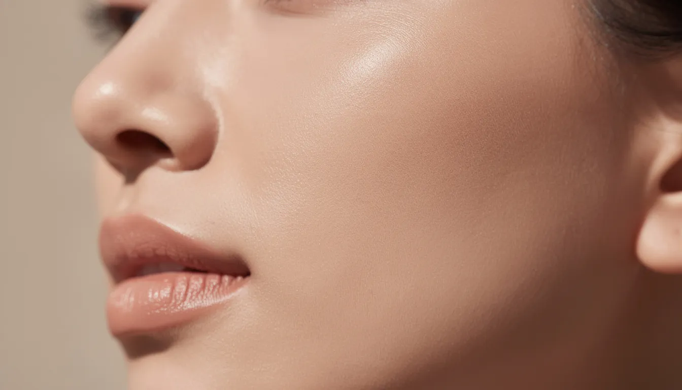 Zbliżenie na zdrową, rozświetloną skórę twarzy o równomiernym kolorycie, która może być efektem terapii światłem czerwonym, wspierającej naturalne procesy regeneracyjne i poprawiającej wygląd skóry. Skóra wydaje się promienna i elastyczna, co sugeruje skuteczne działanie terapii led w redukcji zmarszczek oraz niedoskonałości.