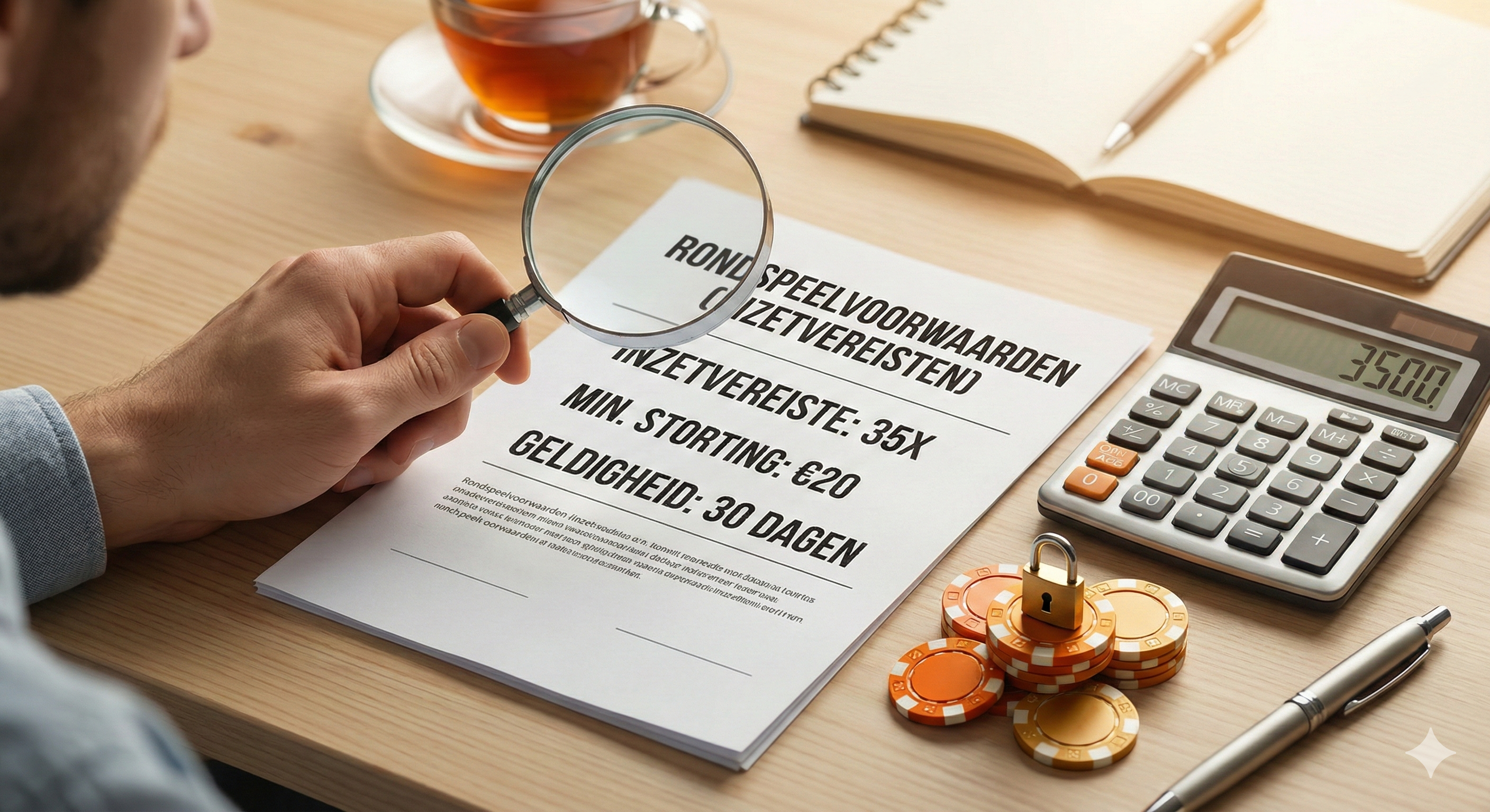 Rondspeelvoorwaarden van een casino bonus uitgelegd, met vergrootglas op inzetvereisten zoals 35x wagering, minimale storting en geldigheid, naast fiches en rekenmachine.