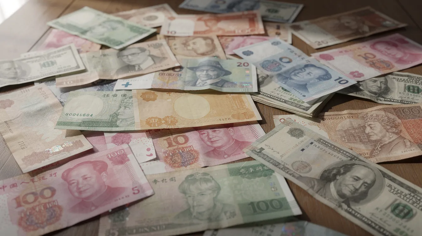 The image displays a variety of international currency notes from different countries spread across a table, showcasing multiple currencies that are essential for businesses engaged in international payments. This visual representation highlights the importance of understanding foreign transaction fees and competitive exchange rates when managing a wise business account or a revolut business account.