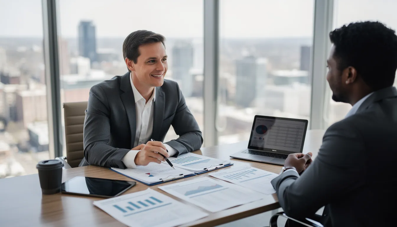 A professional insurance advisor is meeting with a client in a modern office, with various documents related to insurance policies spread across the desk. The advisor is providing advice on competitive prices and discussing the details of a renewal quote to ensure the client receives the best cover for their needs.