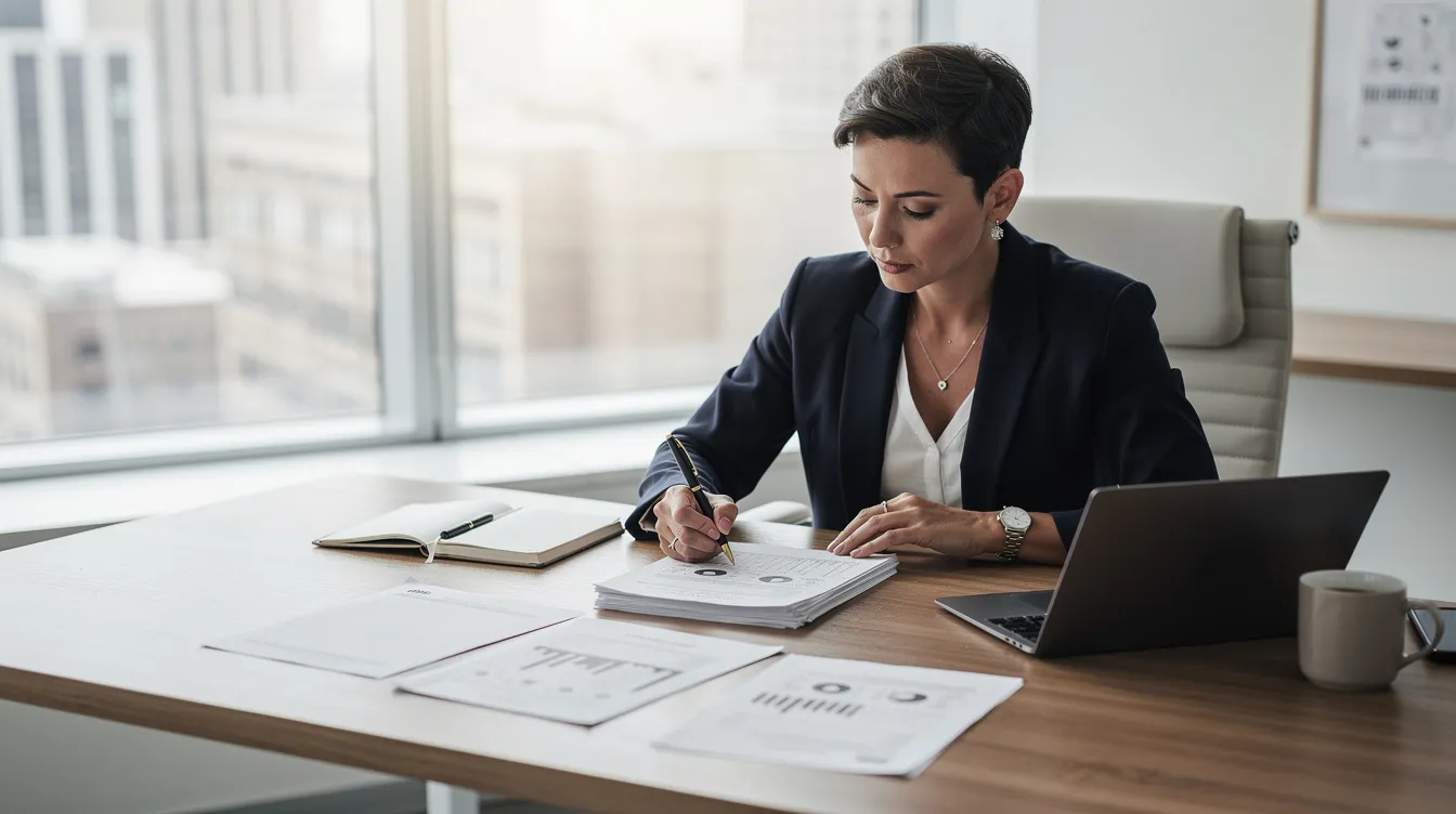 A professional sits at a desk, intently reviewing documents related to truck accident claims, highlighting the importance of legal representation for accident victims seeking compensation for injuries sustained in serious accidents. The setting reflects a focused environment, indicative of a law firm specializing in personal injury cases, particularly those involving commercial truck drivers.