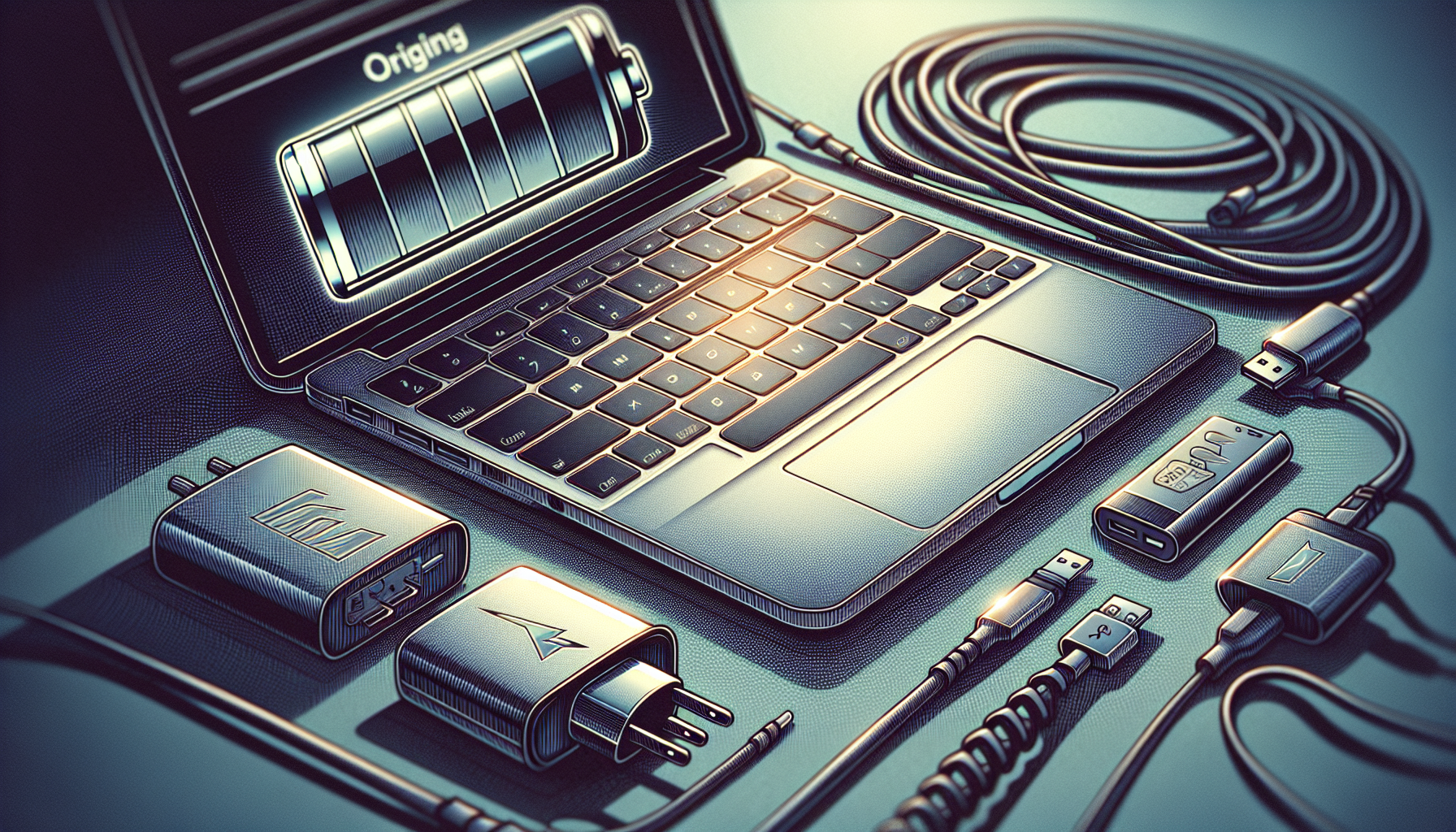 Illustration of a laptop with original charger and accessories