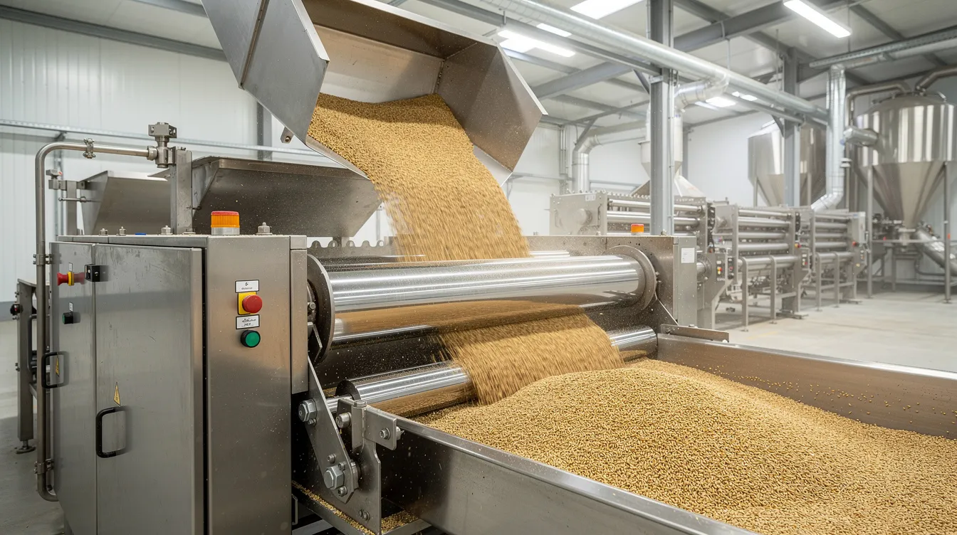 275814ad 3ba8 4803 ad21 20ab99f307d5 The image depicts industrial wheat grains being fed into advanced steel roller milling equipment within a flour processing plant, showcasing the manufacturing process essential for flour milling. This setup highlights the integration of machinery in the flour mill business, emphasizing the importance of operational efficiency and raw material costs in producing high-quality wheat atta.