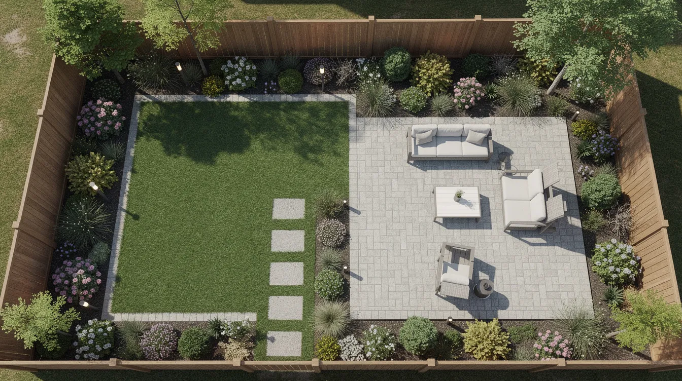 An overhead view of a completed residential backyard landscape showcases a well-designed paver patio, lush green lawn, vibrant planted garden beds, and inviting outdoor seating, highlighting the value of landscaping services for homeowners. This landscaping project exemplifies how thoughtful design can enhance property life and enjoyment.