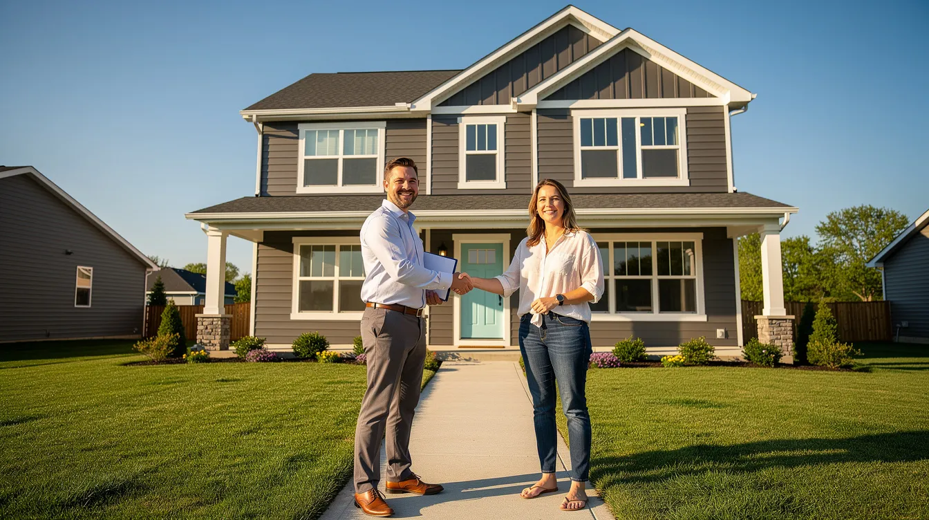 Two people are shaking hands in front of a beautifully renovated residential property under a clear blue sky, symbolizing a successful real estate deal. This moment reflects the collaboration between real estate investors and hard money lenders, highlighting the importance of flexible financing options in the real estate market.