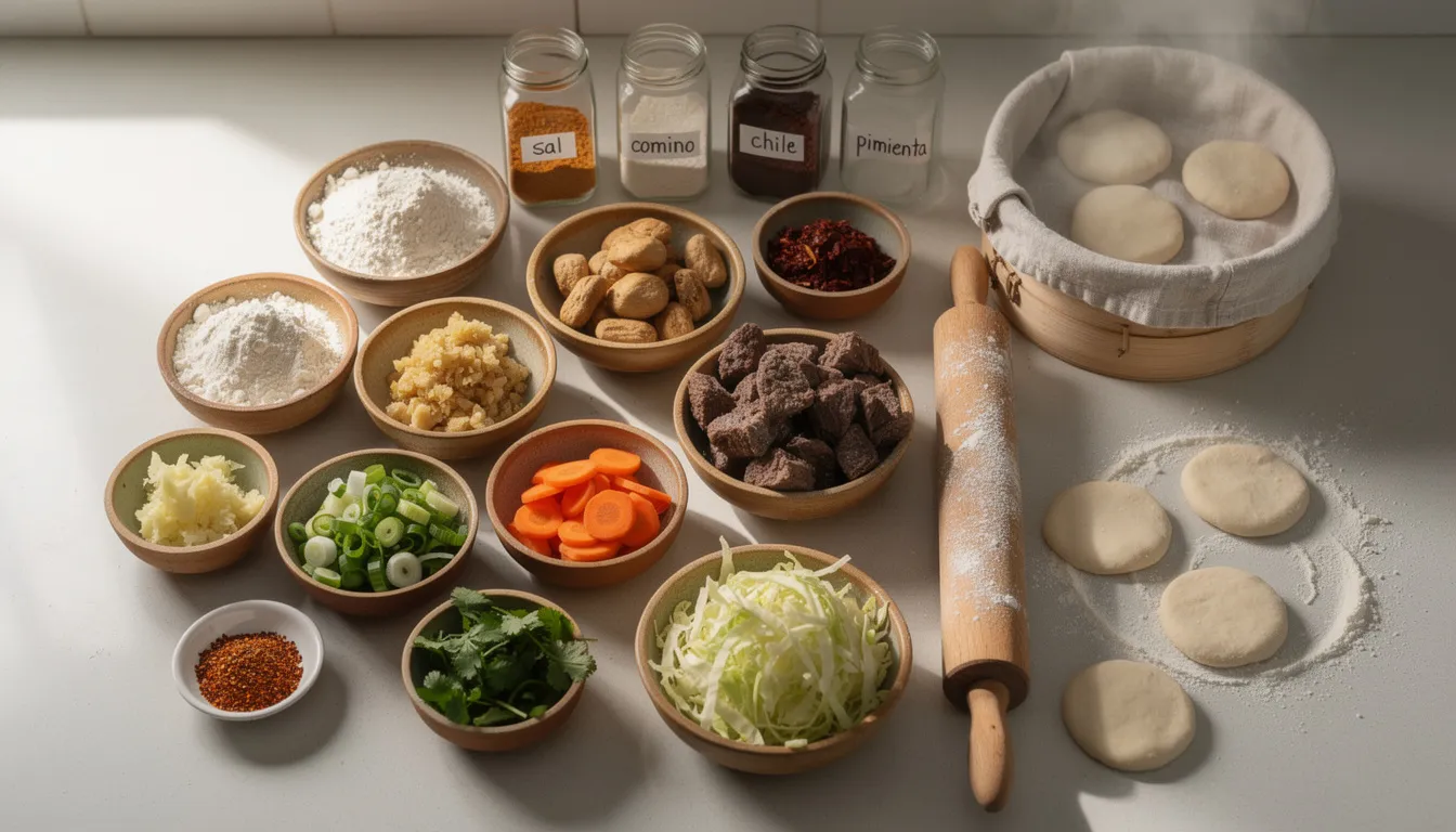 En la encimera de una cocina tibetana, se encuentran dispuestos diversos ingredientes frescos como cebada, carne de yak, mantequilla y especias, listos para preparar platos tibetanos tradicionales. Este arreglo refleja la rica gastronomía del Tíbet y la cultura culinaria de la región.