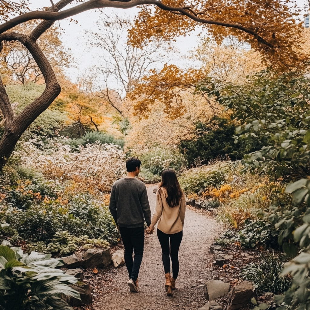 A couple exploring the Brooklyn Botanic Garden, a perfect spot for NYC date ideas.