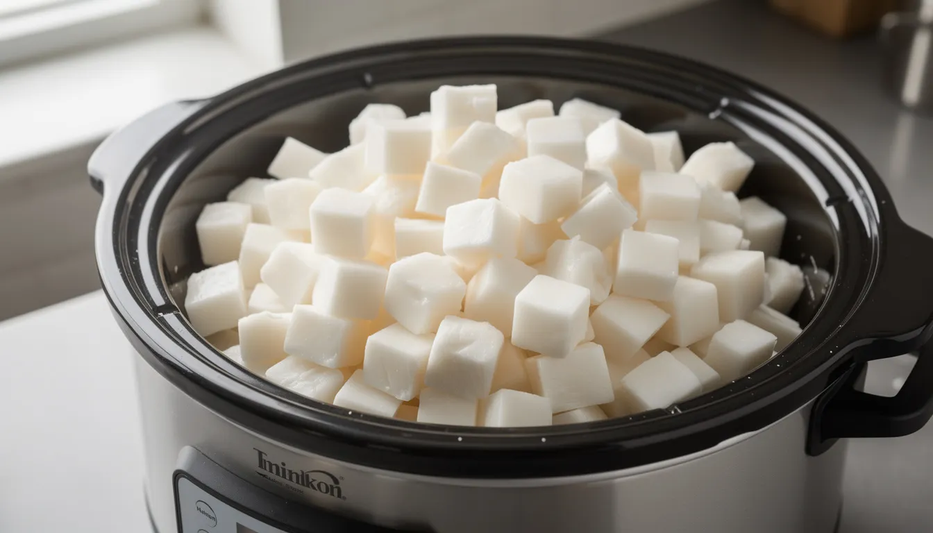A slow cooker filled with cubed white beef fat sits ready for the rendering process, where the solid fat will transform into liquid tallow. The warm environment will help melt the beef fat, releasing a rich, beefy aroma as it cooks.