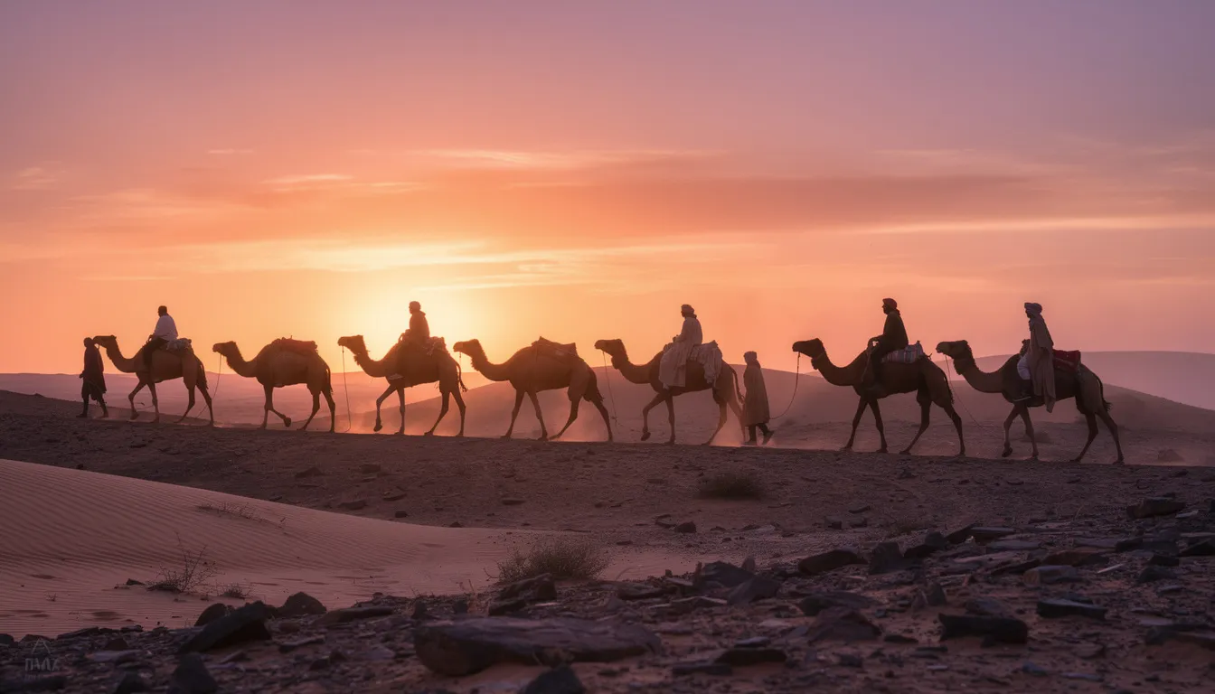 The image captures the silhouette of camels and their riders crossing the Agafay Desert at sunset, with a stunning sky painted in hues of orange and pink. This scene evokes the beauty of Morocco's stone desert landscape, offering an unforgettable journey for tourists seeking adventure and cultural experiences.