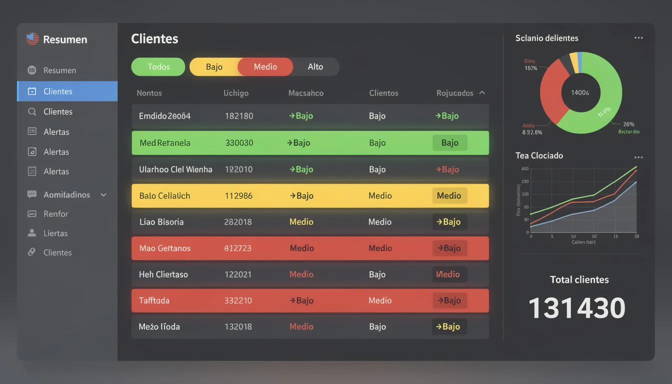 Dashboard en tiempo real que muestra a los clientes clasificados en diferentes niveles de riesgo mediante códigos de color, facilitando la identificación de aquellos que son inactivos y requieren estrategias de reactivación. Esta herramienta utiliza inteligencia artificial para mejorar la retención de clientes y optimizar las campañas de marketing.