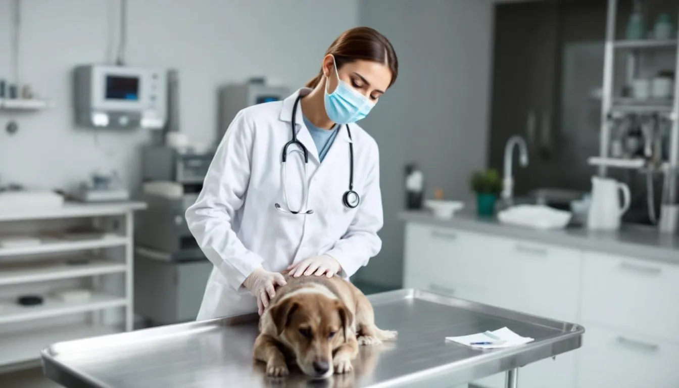 A veterinarian is conducting a routine health check on a dog, examining its body and taking notes to assess its kidney function and overall health, which is important for diagnosing potential kidney disease in dogs. The vet is focused on ensuring the dog
