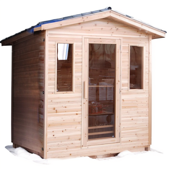 An image of the Sunray Grandby, 3-Person Outdoor Infrared Sauna with a snowy background from Airpuria.
