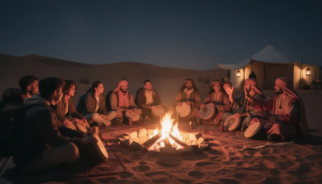 A group of travelers gathers around a warm campfire at night, enjoying the enchanting sounds of Berber musicians playing traditional drums. The scene captures the rich culture of Morocco, as they share a wonderful trip under the starry sky, reminiscent of the Sahara Desert's magical atmosphere.