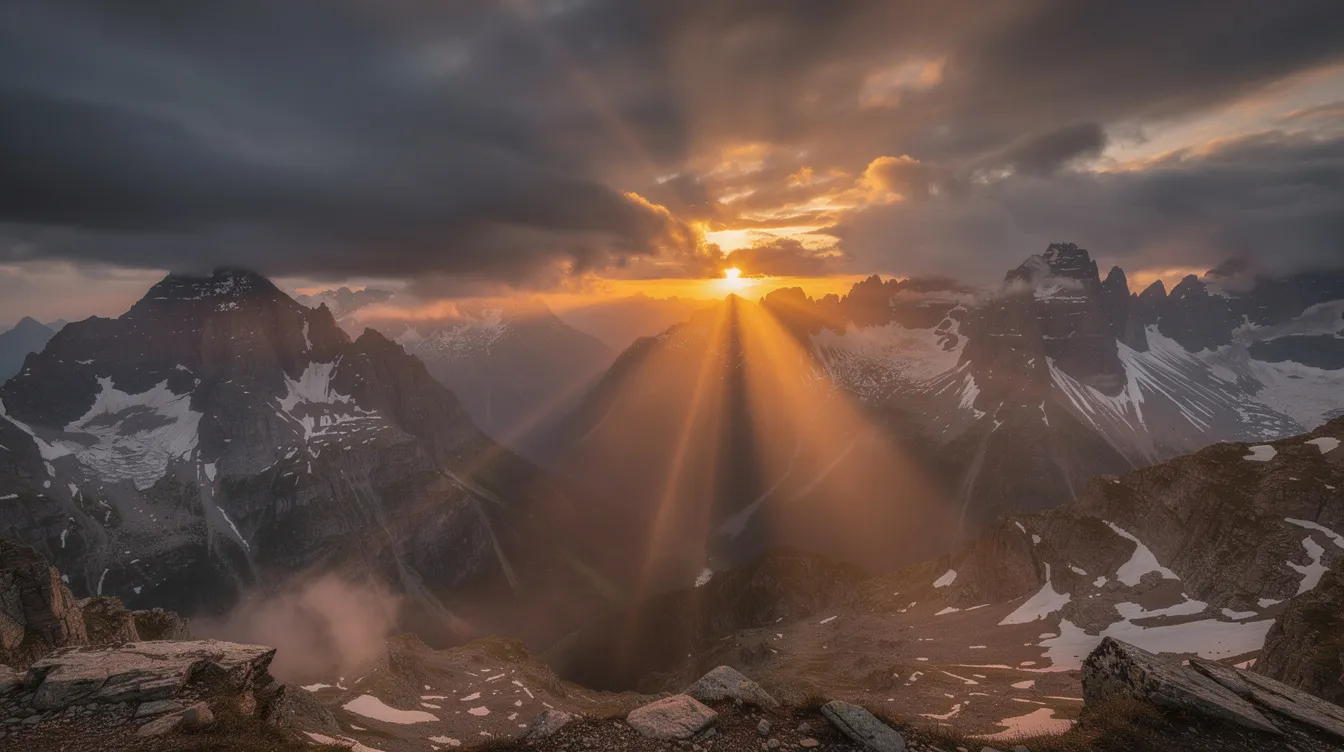 The image depicts a dramatic sunrise breaking through storm clouds over majestic mountains, symbolizing hope and renewal in the narrative of life. This scene reflects the beauty of creation and the themes often found in ancient scriptures, inviting viewers to connect with the profound meaning of existence.