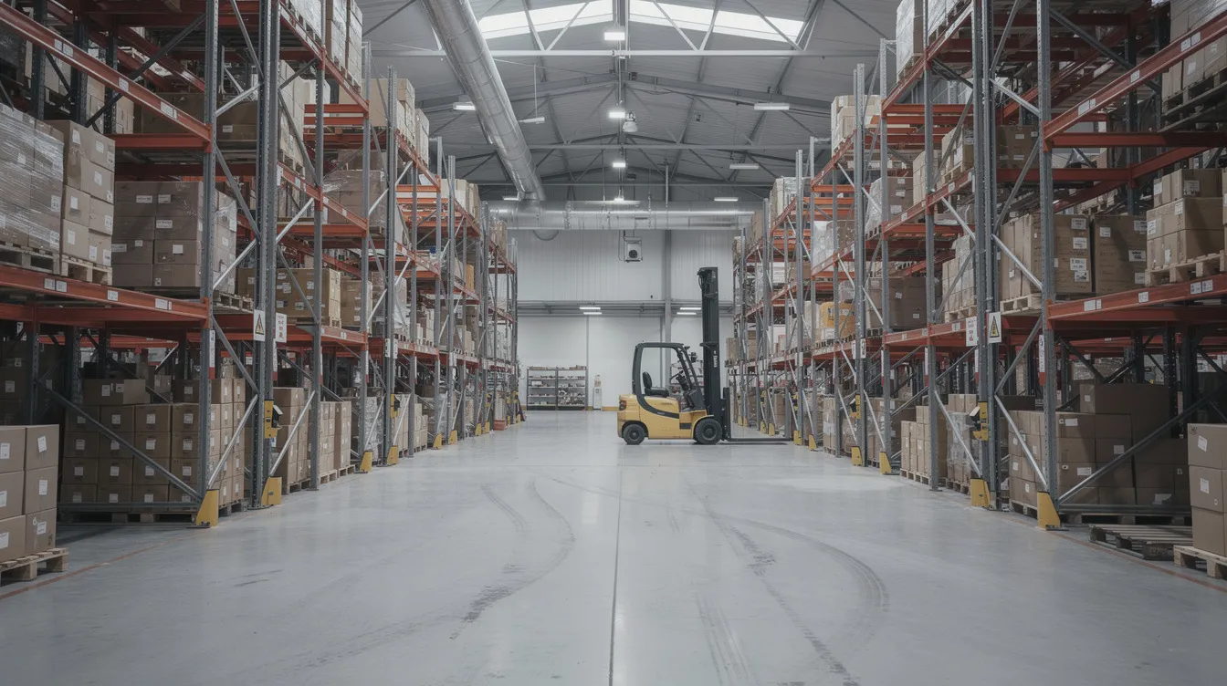 The image depicts the interior of a warehouse, featuring tall shelving units filled with various items and a forklift positioned in the background. This setting is common in workplaces where employees may face on-the-job injuries, necessitating workers compensation insurance for injured workers.