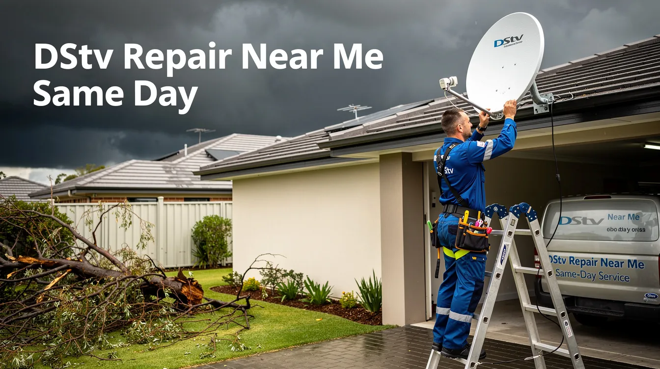A DStv technician is repairing a satellite dish that was damaged by a storm, ensuring proper dish alignment for optimal signal quality. This same-day service highlights the importance of professional DStv installation and repairs to restore access to various channels.